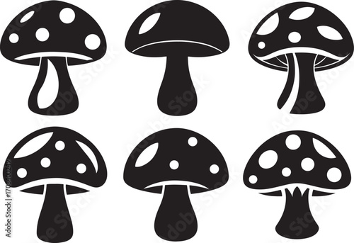 set of mushroom silhouette, vector and illustration, black and white