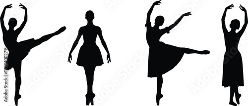 Ballet dancer silhouette set in classical poses, black and white vector illustration, graceful motion, performance art, dance elegance icon