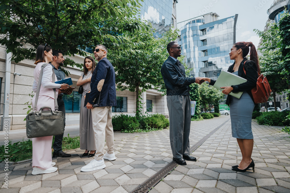 Fototapeta premium A group of multicultural business coworkers interact and discuss projects outside among office buildings under sunny weather.