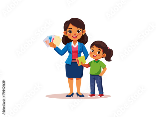 Cartoon illustration of a teacher and student with books and papers.