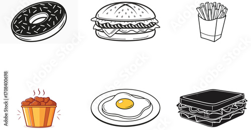 Assorted fast food and breakfast items in black and white