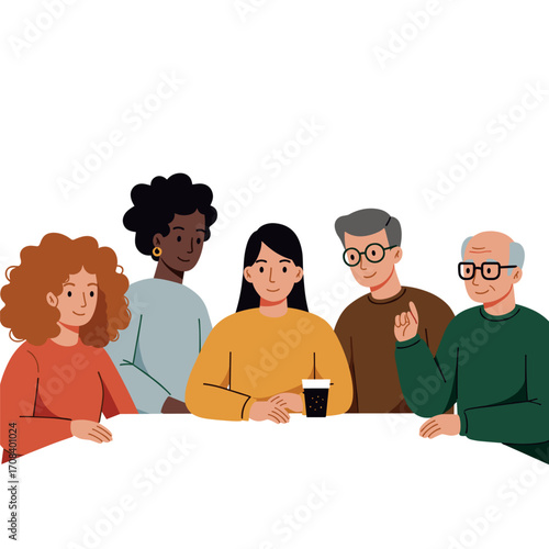 Team meeting discussion with diverse professionals office setting illustration collaborative environment engaging viewpoint. Vector illustration