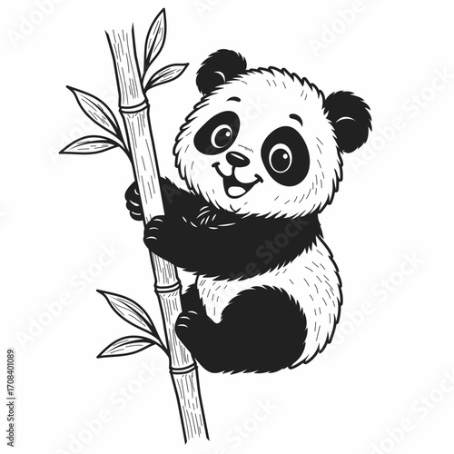 Cute baby panda sitting on a bamboo trunk with leaves. Vector
