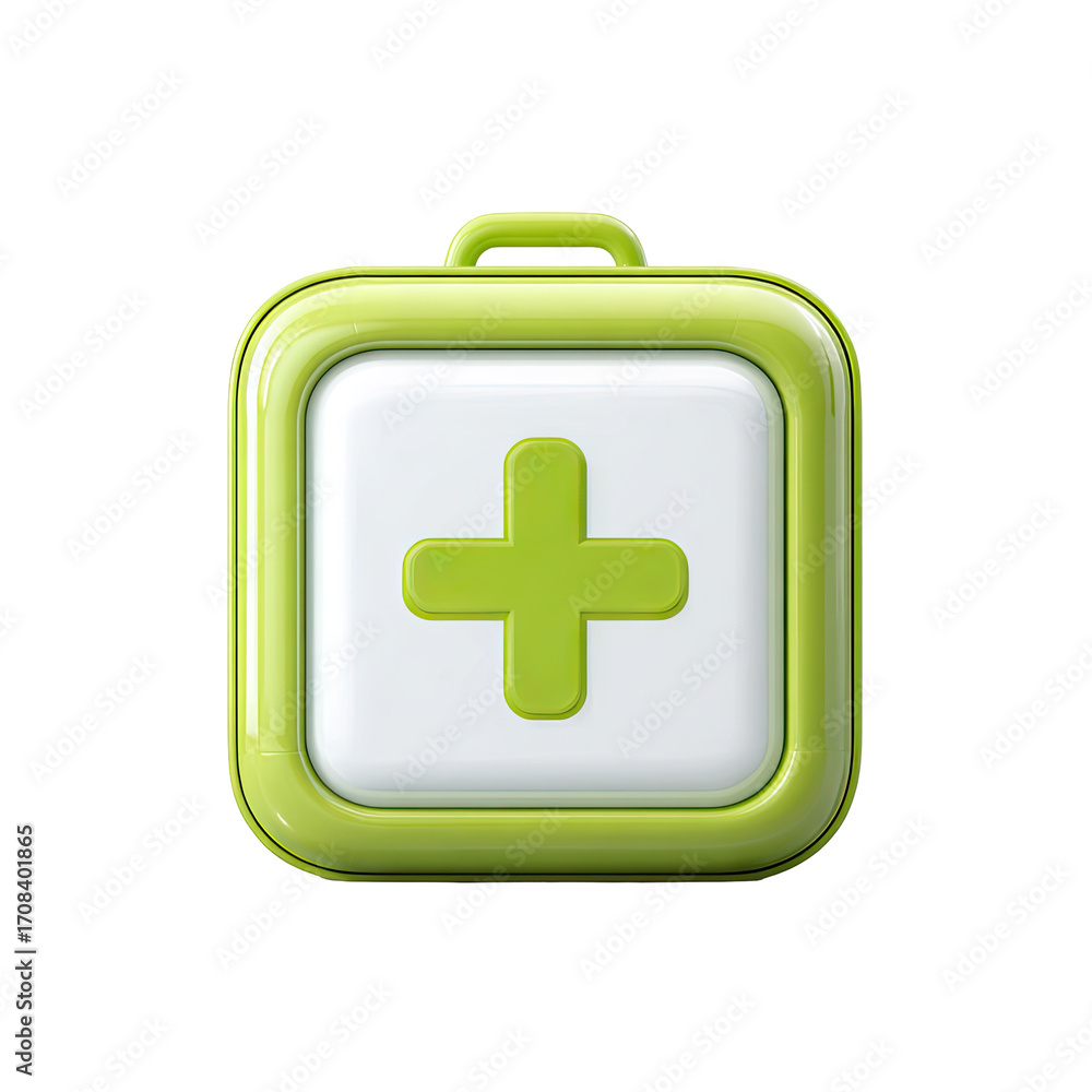 Fototapeta premium Square lime-green medical kit icon, with a white plus sign