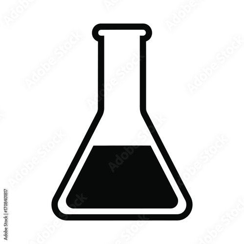 Black and white icon of a flask with liquid isolated on white background for science, chemistry, and laboratory concepts and designs