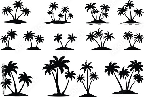 PrintPalm tree island silhouette vector set, tropical beach design, exotic nature clipart, summer vacation icons, tropical landscape art.