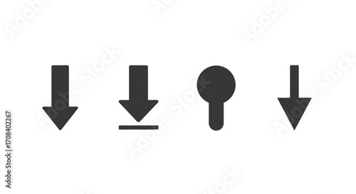 Set of four dark gray downward arrows and a symbol representing download action vector