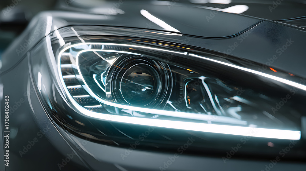 Fototapeta premium Close-up view of a car headlight with bright led lights.