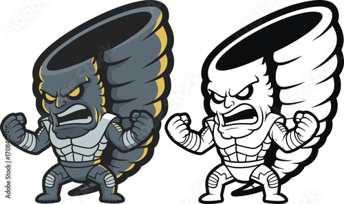 Tornado-headed fighter cartoon, muscular character in battle stance, swirling storm head, aggressive pose, stylized hero, black-and-white and colored versions