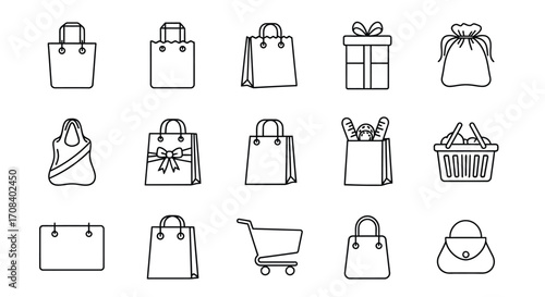 Collection of hand-drawn shopping bags and gift icons for retail and commerce themes vector