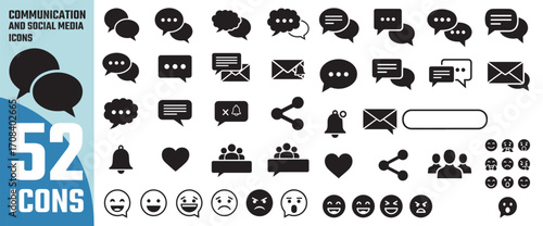 Collection of 52 communication and social media icons representing speech bubbles messages and people silhouettes for digital design