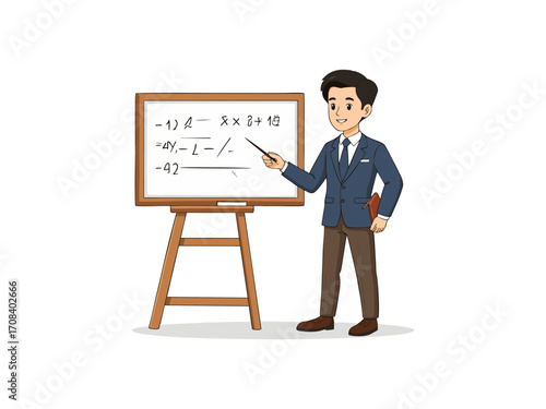 Cartoon illustration of a teacher explaining math on a whiteboard.