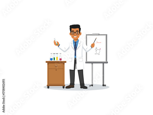 Scientist explaining experiment with test tubes and whiteboard.