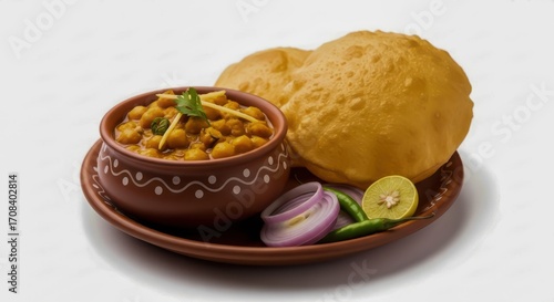 Indian cuisine Chole Bhature with chickpeas and fried bread served beautifully