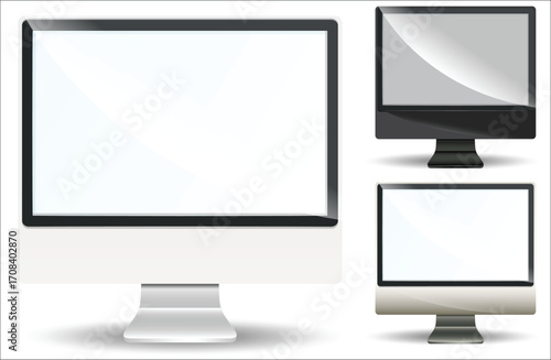 Set of three modern computer monitors with blank white screens.