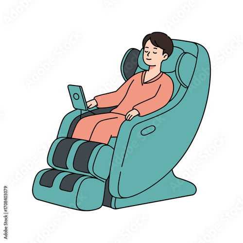 Relaxing massage chair user enjoying comfort at home digital illustration indoor setting peaceful atmosphere. Vector illustration