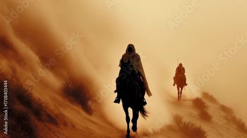 Two Riders on Horses in Desert Sandstorm