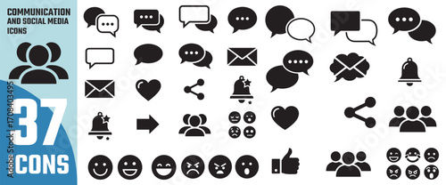 Collection of communication and social media icons including speech bubbles people hearts email bell share and thumbs up symbols