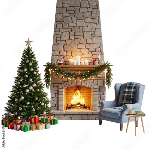 christmas tree and fireplace