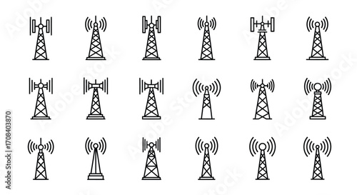 Collection of telecommunication tower icons diverse designs wireless signal transmission technology concepts vector