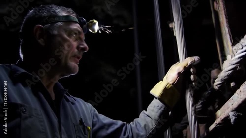 Inspecting Cable Support System, Technician with Hard Hat in Dark Confined Spaces