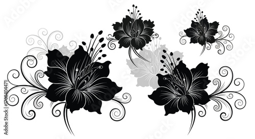 Elegant black floral accents with swirling flourishes and delicate petals vector