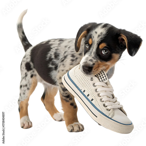 Adorable puppy with sneaker in mouth