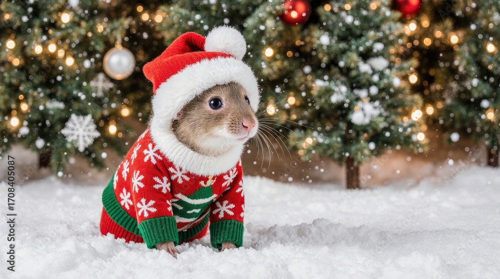Fototapeta premium A small animal wearing a festive red and green sweater with snowflakes. It has a cute face and is surrounded by Christmas trees and snow.