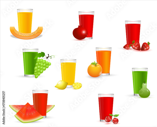 Various glasses of fresh fruit juices, healthy and refreshing beverages.