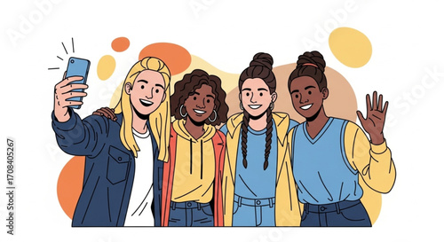Cheerful group of diverse young women capturing a moment of friendship with a smartphone selfie