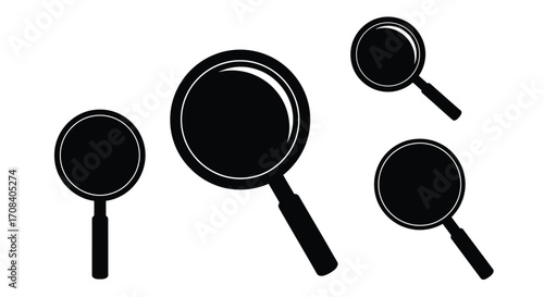 Four black magnifying glasses of different sizes and angles for search and discovery vector