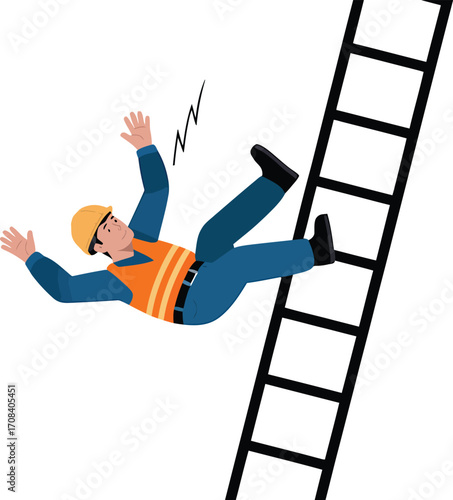 Construction worker falling from a ladder with safety vest and hard hat