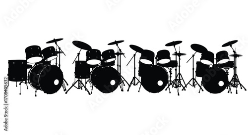 Complete drum set silhouette performing rhythmic percussion music for rock and jazz bands vector
