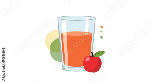Glass of Fresh Apple Juice with Red Apple and Abstract Shapes.