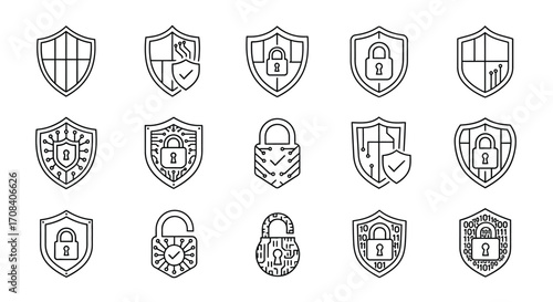 Collection of shield and lock icons representing security and protection concepts hand-drawn style vector
