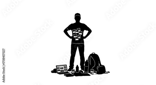 Creative professional showcasing portfolio with laptop and backpack ready for inspiration
