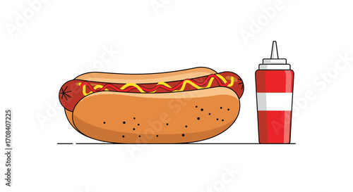 Delicious Hot Dog with Mustard and Ketchup Bottle Illustration.