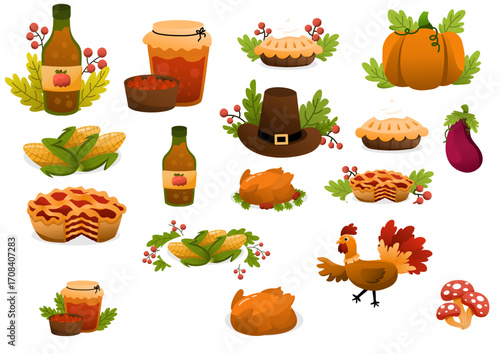 Set of thanksgiving doodles clip art cartoon elements for stickers