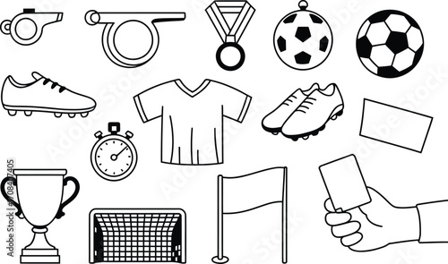 Collection of hand drawn soccer sport equipment and symbols for game and competition