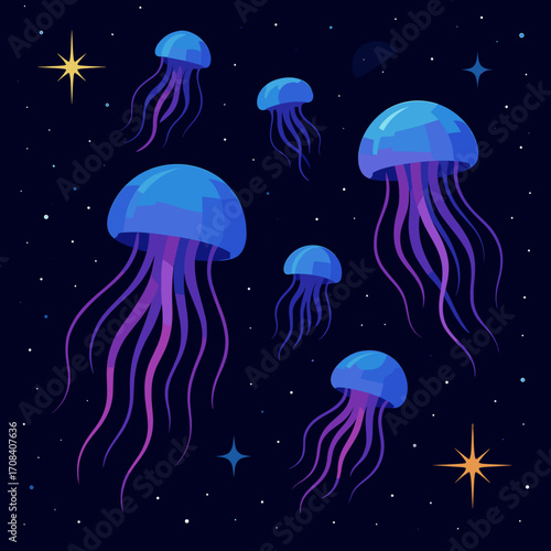 Colorful jellyfish floating in space with stars against a dark background