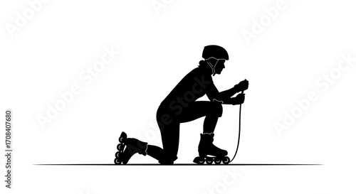Dynamic silhouette of rollerblader in protective gear with inline skates and helmet poised for action
