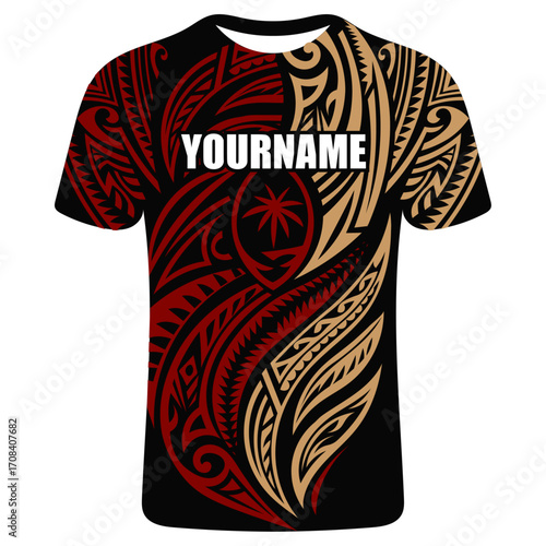 Custom T-Shirt with Guam Tribal Art and Personalized Name, Polynesian Jersey Design with Swirling Marbling, Trendy Soft t shirt template, ethnic, traditional sports, Modern sport Jersey for players.