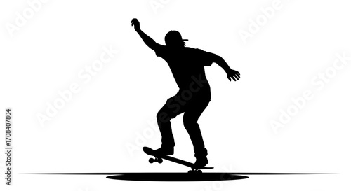 Dynamic skateboarder silhouette performing trick with energetic motion against white background