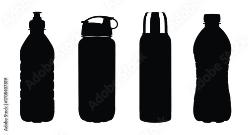 Silhouette collection of four different types of water bottles and thermos flasks vector