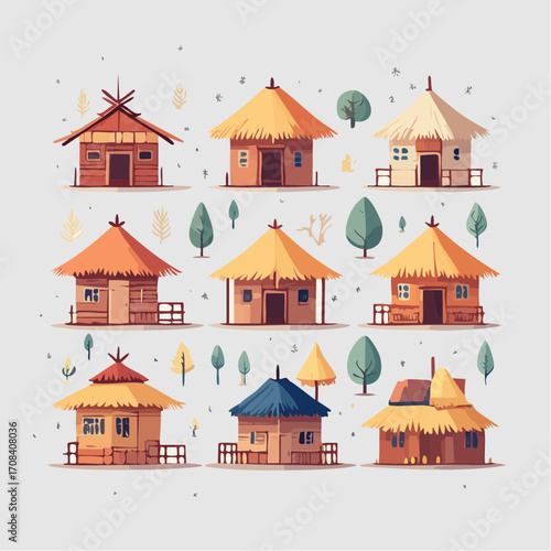 Stylized flat vector icon set of rustic tribal huts and traditional village houses with straw roofs, isolated for design elements