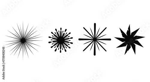 Collection of four abstract starburst and radial burst shapes artistic black and white graphic elements vector