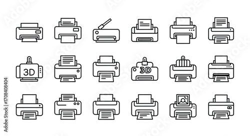 Diverse collection of printer icons representing office technology and digital printing solutions vector
