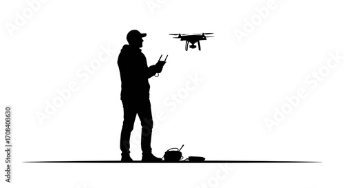 Man skillfully pilots drone with remote control, capturing aerial views in modern tech exploration