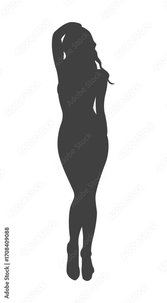Fototapeta premium Elegance in Silhouette: A stylish female stands gracefully, hand resting softly on head and head tilted. capturing the essence of beauty, confidence, and artistic form.