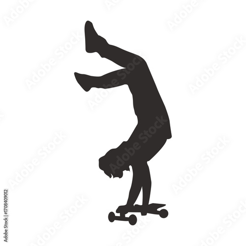 Skateboard Silhouette : An artistic silhouette of a person balancing on a skateboard, performing a handstand, embodying balance and strength against a clean, simple background.